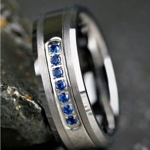 8MM Mens Brushed Silver Tungsten And Stainless Steel Sapphire